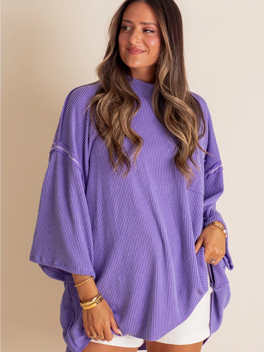 Mock Neck Ribbed Oversized Lavender Tunic Sweater - Women